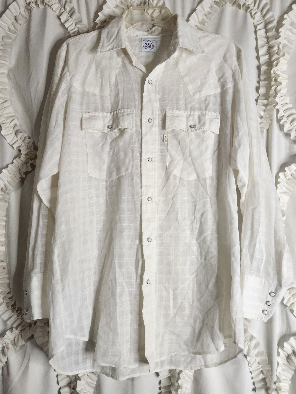 Vintage 1980's Olympics Levi's Pearl Snap Western White Shirt Sz Large